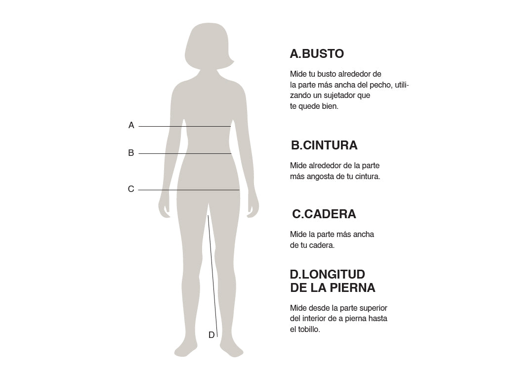 Cómo medir. A. Busto: mide tu busto alrededor de la parte más ancha del pecho, utilizando un sujetador que te quede bien. B. Cintura: mide alrededor de la parte más angosta de tu cintura. C. Cadera: mide la parte más ancha de tu cadera. D. Longitud de la pierna: mide desde la parte superior del interior de la pierna hasta el tobillo.